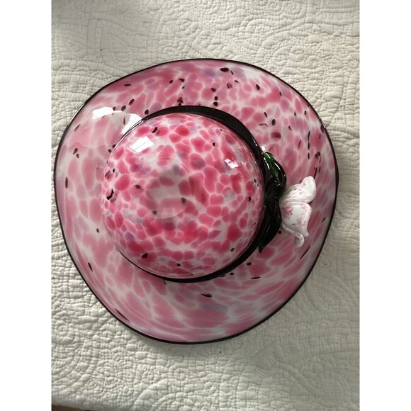 Vtg MURANO Pink & White Spotted Glass Hat Bowl*Black Rim & Flower Decoration - Picture 3 of 6